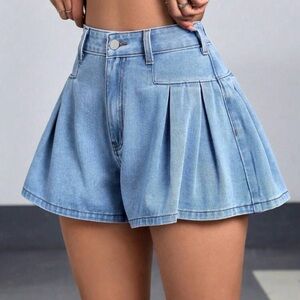 Light Blue Pleated Denim Skort with High Waist